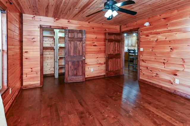 empty room featuring dark hardwood / wood-style flooring, wooden walls, ceiling fan, and wood ceiling