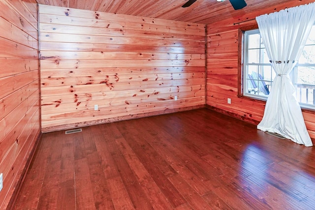 empty room featuring hardwood / wood-style floors, wooden walls, wooden ceiling, and ceiling fan