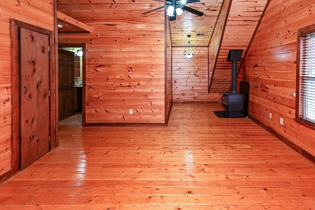 unfurnished living room with wood ceiling, wood walls, a wood stove, and light wood-type flooring