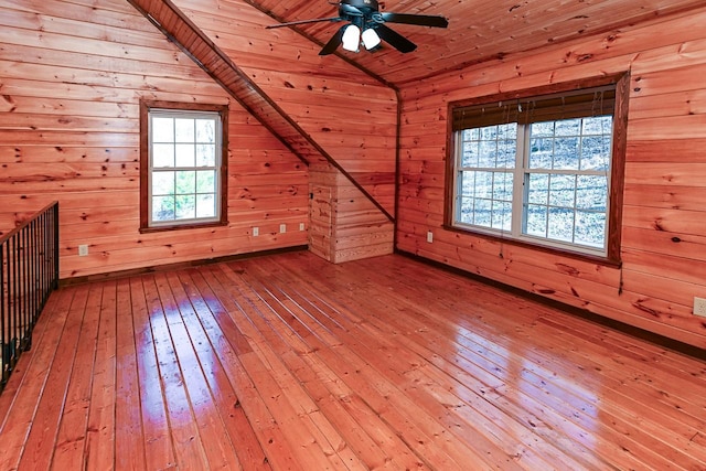 additional living space featuring wooden walls, wooden ceiling, and light hardwood / wood-style floors