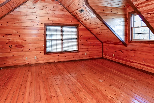 additional living space featuring hardwood / wood-style flooring and wood walls