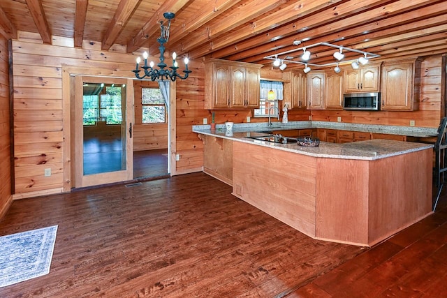 kitchen featuring pendant lighting, wood walls, dark hardwood / wood-style flooring, kitchen peninsula, and beam ceiling