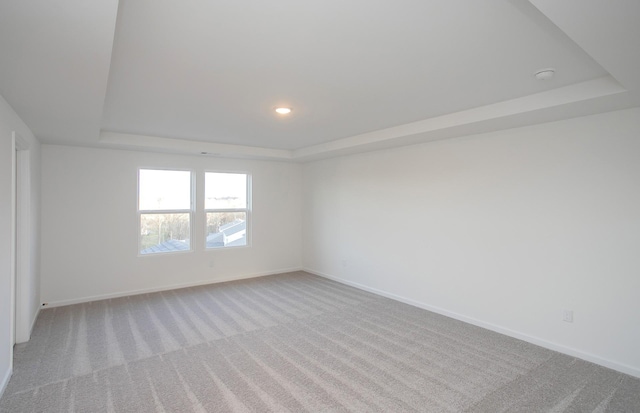 spare room featuring light colored carpet and a tray ceiling