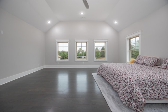 bedroom featuring lofted ceiling, dark hardwood / wood-style floors, and ceiling fan