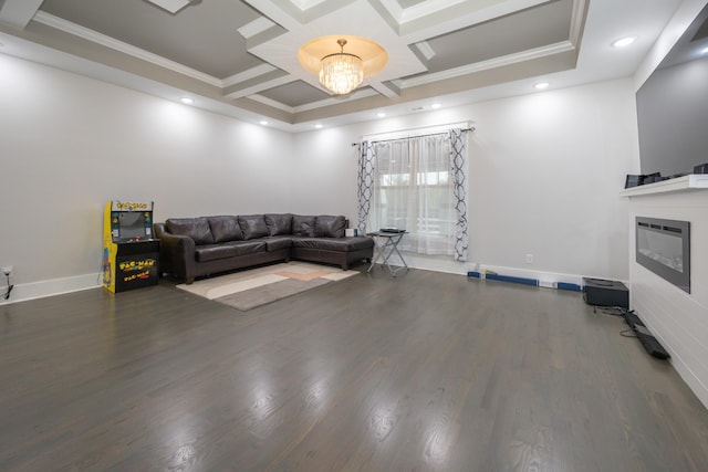 living room with crown molding, dark hardwood / wood-style flooring, coffered ceiling, and a chandelier