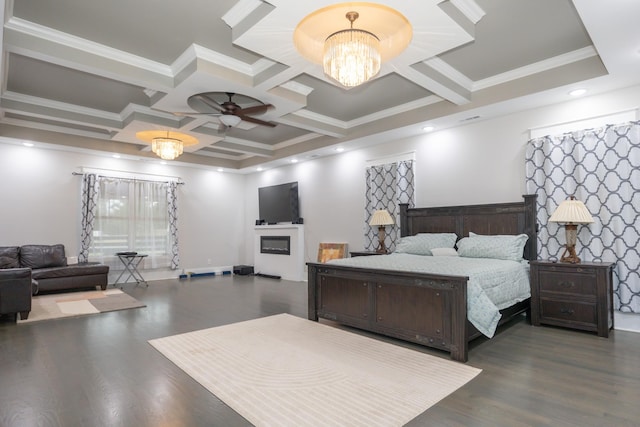 bedroom featuring ornamental molding, dark hardwood / wood-style flooring, coffered ceiling, and an inviting chandelier