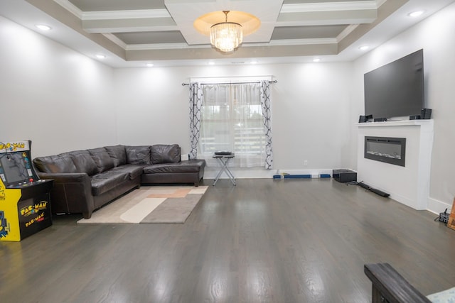 living room featuring beamed ceiling, ornamental molding, coffered ceiling, and hardwood / wood-style floors