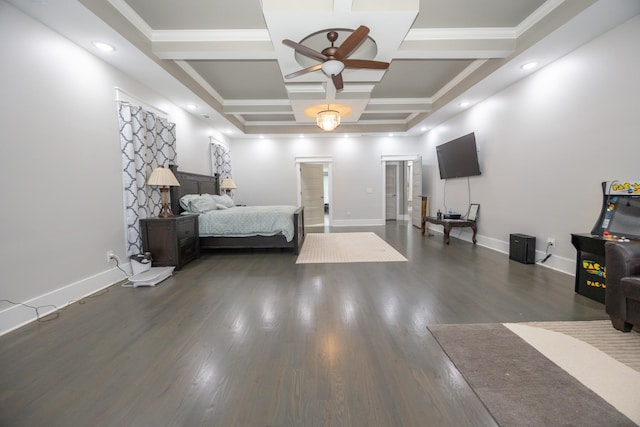 bedroom featuring dark hardwood / wood-style floors, ceiling fan, coffered ceiling, and beam ceiling