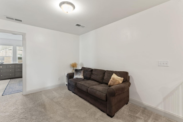 living room featuring light carpet