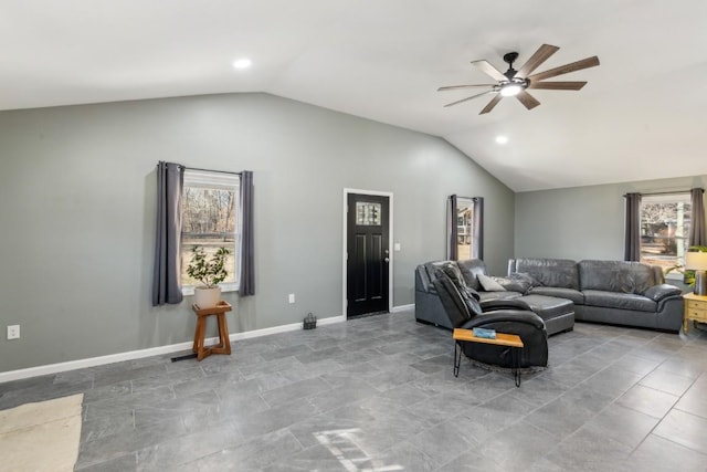 living room with lofted ceiling and ceiling fan