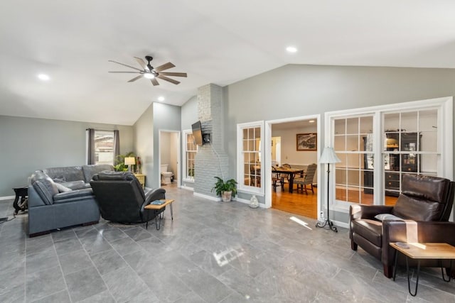 living room featuring high vaulted ceiling, ceiling fan, and french doors