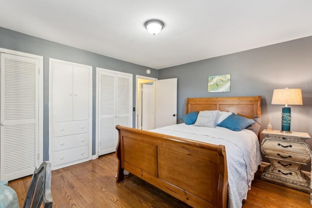 bedroom with hardwood / wood-style flooring and two closets