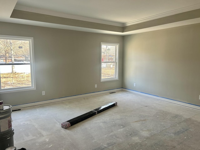 spare room featuring a tray ceiling and ornamental molding