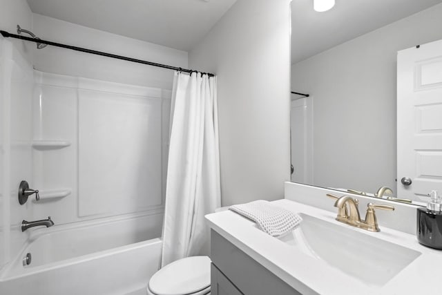 full bathroom with toilet, vanity, and shower / bathtub combination with curtain