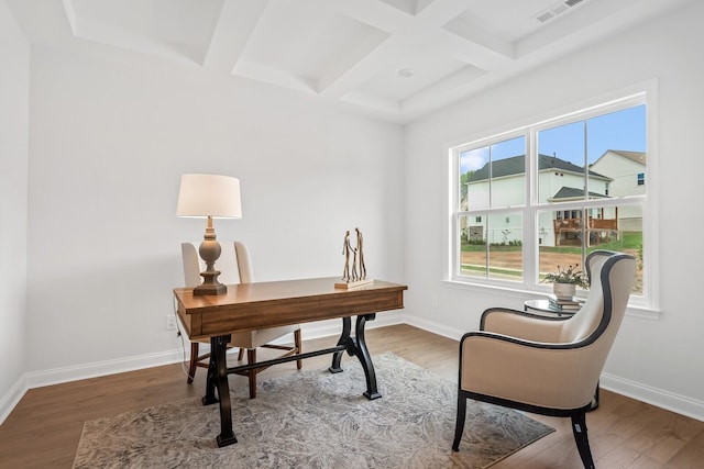 office with coffered ceiling, wood-type flooring, and beam ceiling