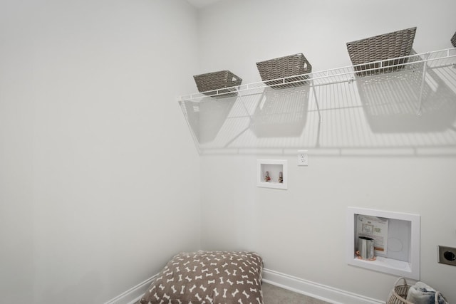 laundry area featuring washer hookup, hookup for an electric dryer, and carpet flooring