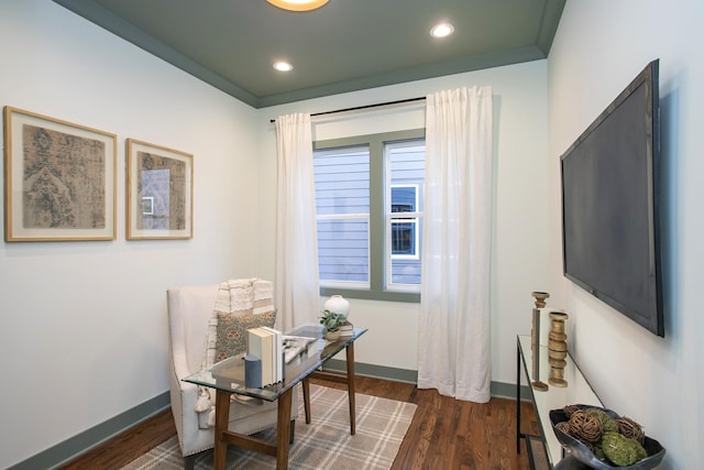 office featuring crown molding and dark hardwood / wood-style floors