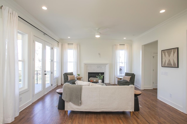 living room with french doors, dark hardwood / wood-style floors, and a wealth of natural light