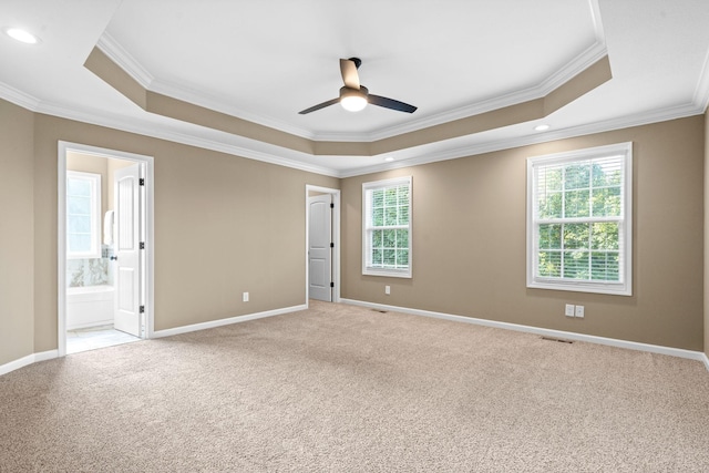 carpeted spare room with crown molding and a tray ceiling