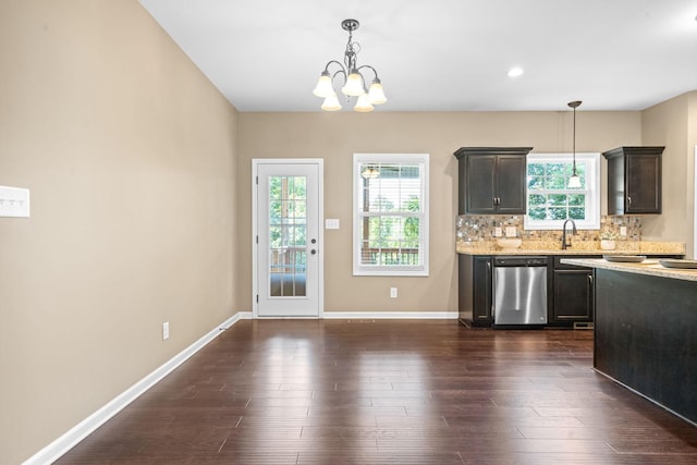 kitchen featuring pendant lighting, backsplash, a healthy amount of sunlight, and dishwasher