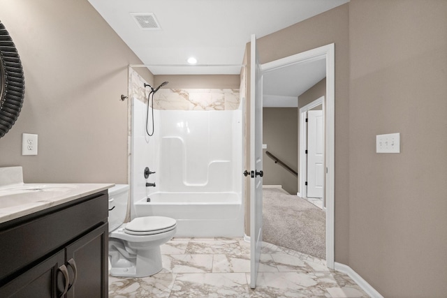 full bathroom with vanity, tub / shower combination, and toilet