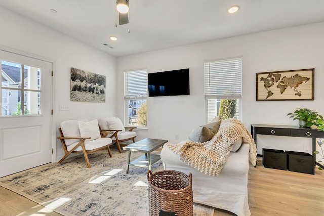 living room featuring ceiling fan and light hardwood / wood-style floors