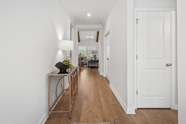 hallway with crown molding, a chandelier, and light hardwood / wood-style floors