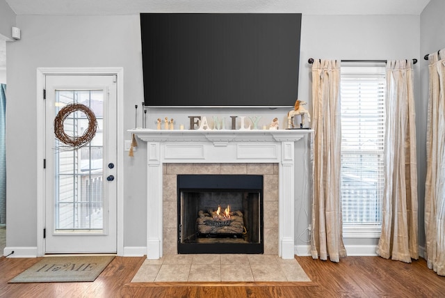 details featuring a fireplace and wood-type flooring