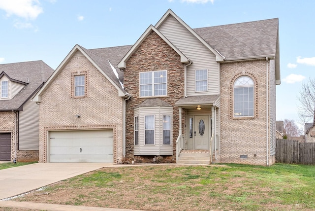 front facade with a garage and a front yard