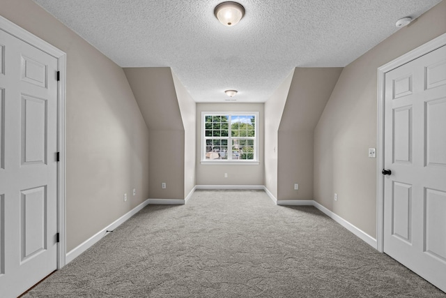 additional living space featuring vaulted ceiling, light colored carpet, and a textured ceiling