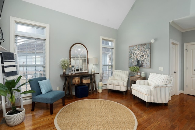 sitting room with lofted ceiling and dark hardwood / wood-style floors