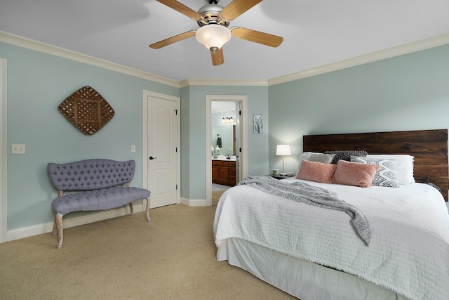 bedroom featuring connected bathroom, ornamental molding, light colored carpet, and ceiling fan