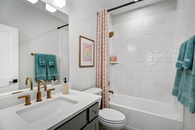 full bathroom with shower / bath combination with curtain, vanity, and toilet