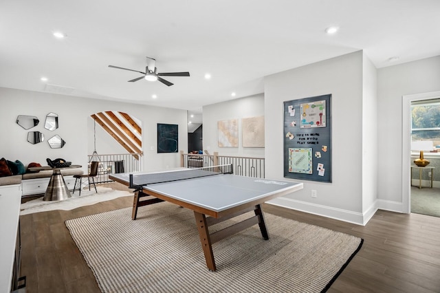 rec room featuring dark wood-type flooring and ceiling fan