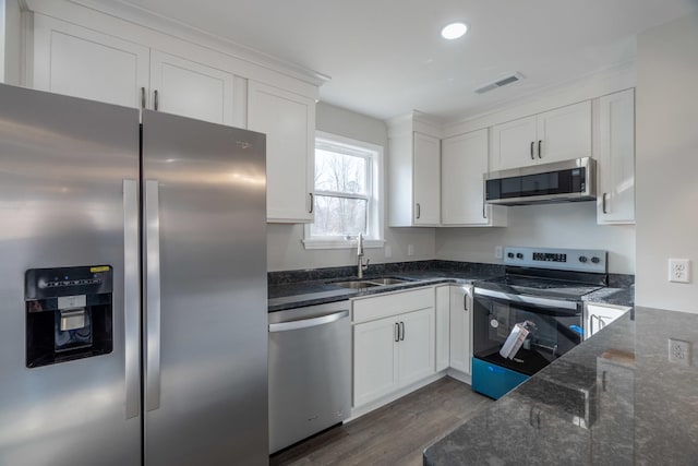 kitchen featuring stainless steel appliances, white cabinetry, sink, and dark stone counters