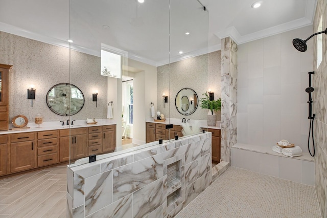 bathroom featuring ornamental molding, a shower, and vanity