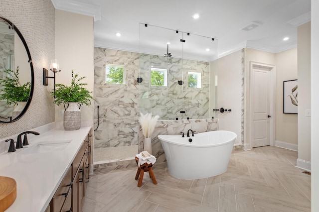 bathroom with independent shower and bath, ornamental molding, parquet flooring, and vanity