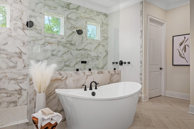 bathroom featuring parquet floors, crown molding, and separate shower and tub