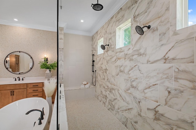 bathroom with vanity, ornamental molding, and separate shower and tub