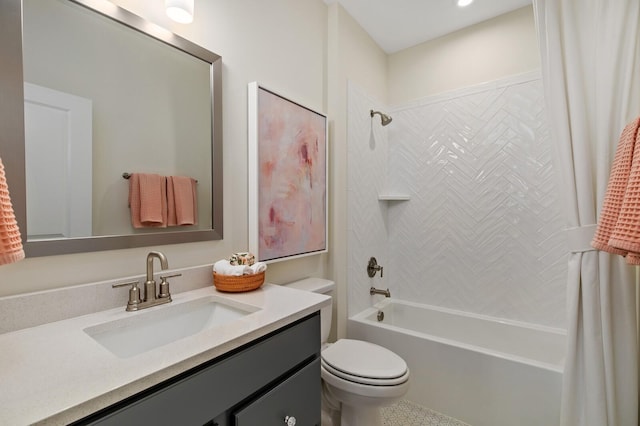 full bathroom with toilet, vanity, and shower / bathtub combination with curtain