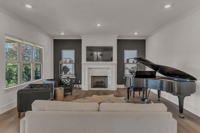 living room featuring hardwood / wood-style flooring, ornamental molding, a wealth of natural light, and a fireplace