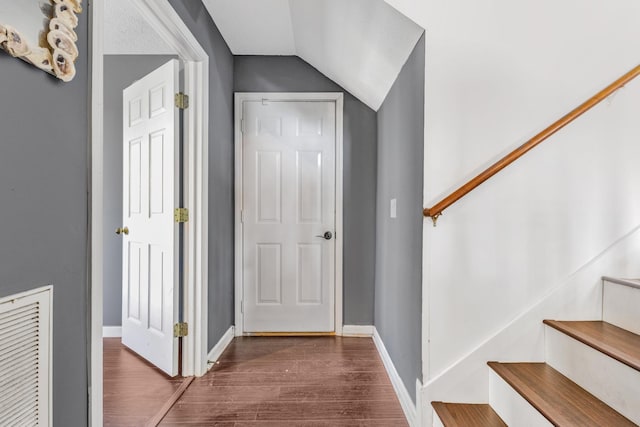 foyer featuring dark wood-type flooring and vaulted ceiling