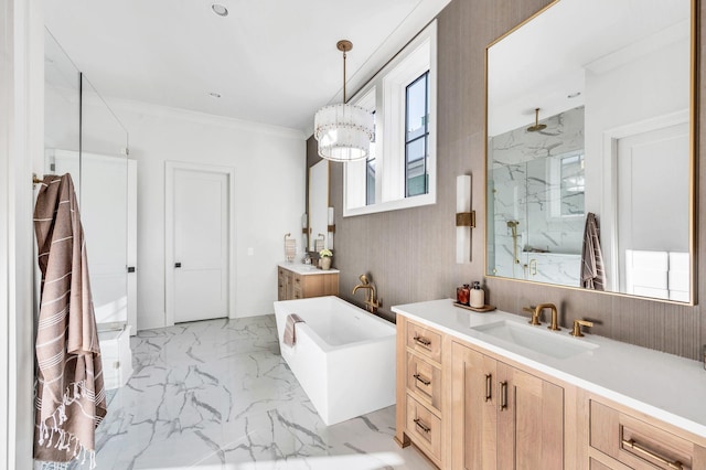 bathroom featuring crown molding, shower with separate bathtub, vanity, and an inviting chandelier