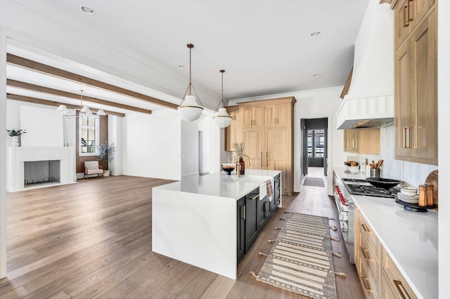 kitchen featuring premium range hood, pendant lighting, an island with sink, range with two ovens, and light hardwood / wood-style flooring