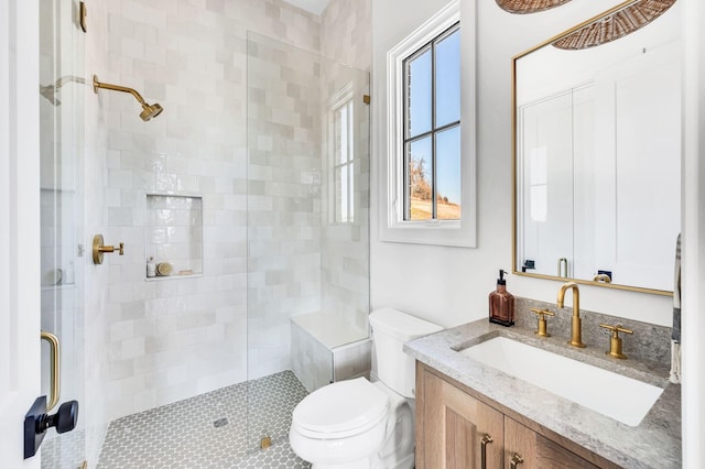 bathroom featuring vanity, a shower with shower door, toilet, and a healthy amount of sunlight