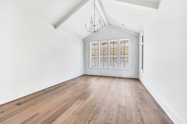 unfurnished dining area with an inviting chandelier, vaulted ceiling with beams, and light wood-type flooring