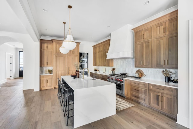 kitchen with a large island, double oven range, tasteful backsplash, and premium range hood