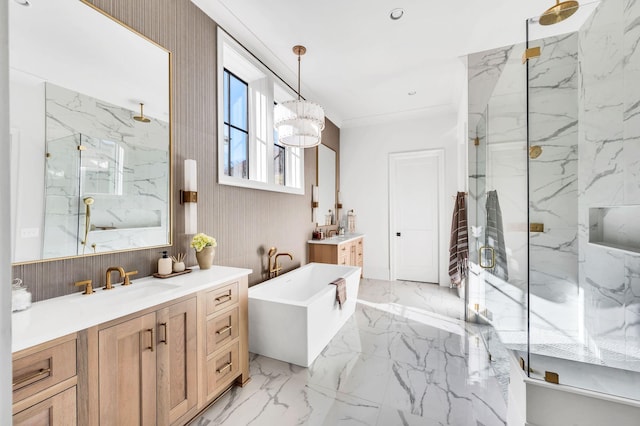 bathroom with vanity and independent shower and bath