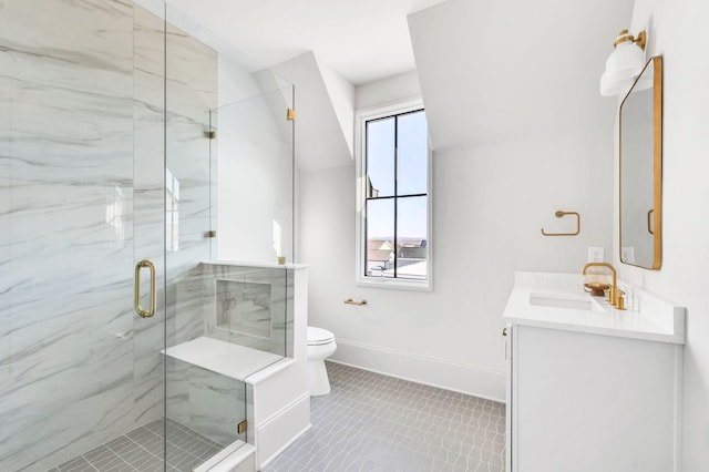 bathroom with walk in shower, vanity, toilet, and tile patterned flooring