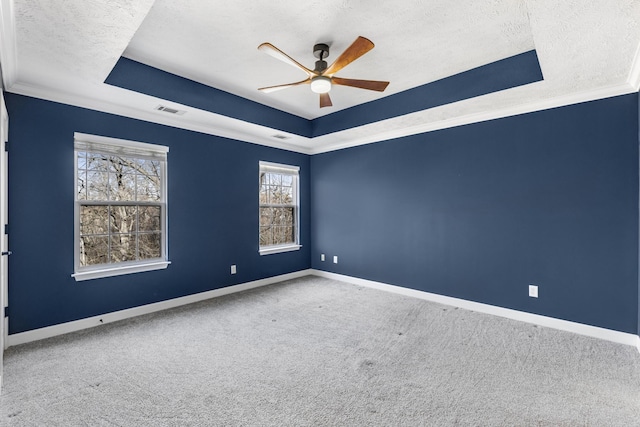 unfurnished room with ceiling fan, a raised ceiling, a textured ceiling, and carpet